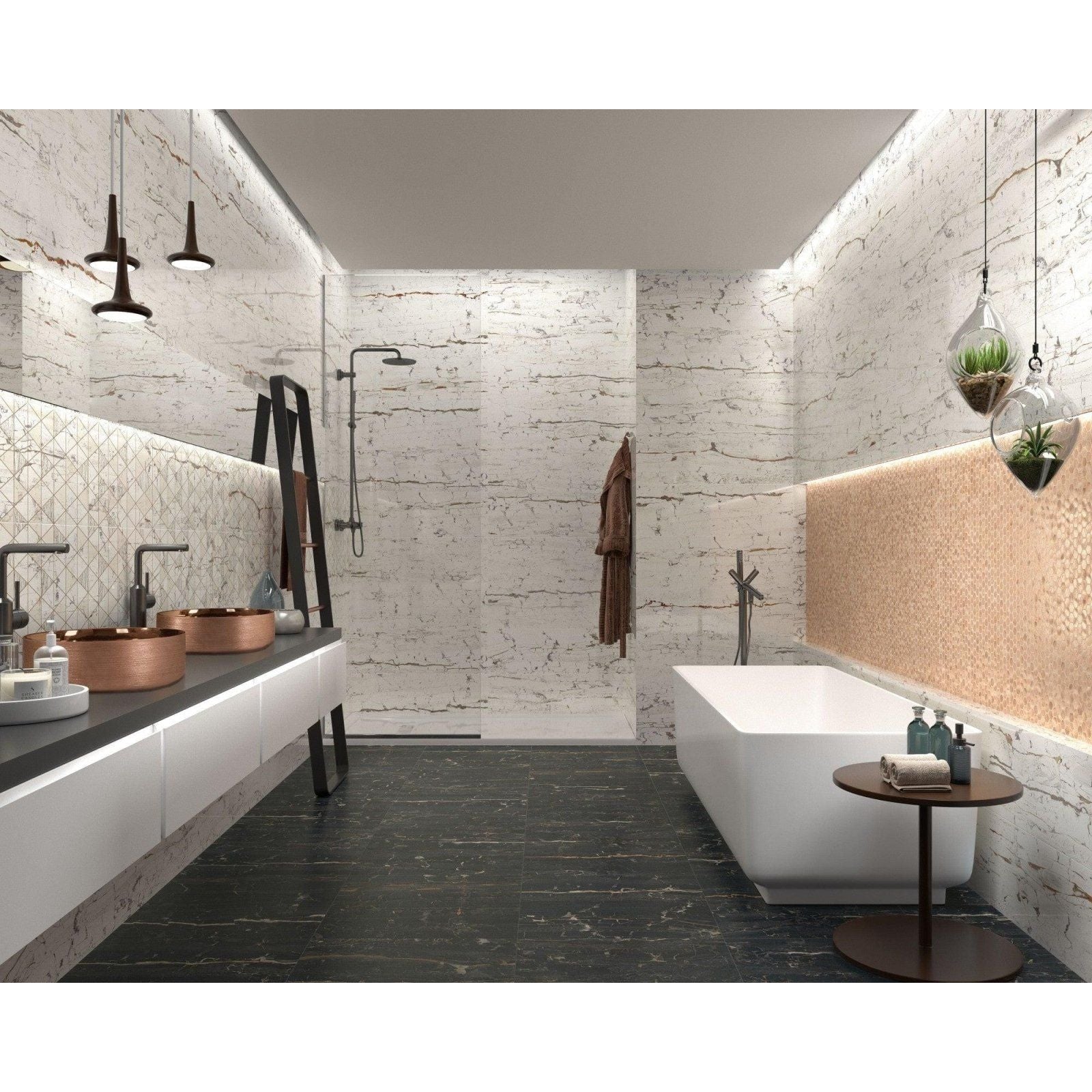 White marble bathroom walls with black veining and a copper toned accent panel in lavabo heller rose gold