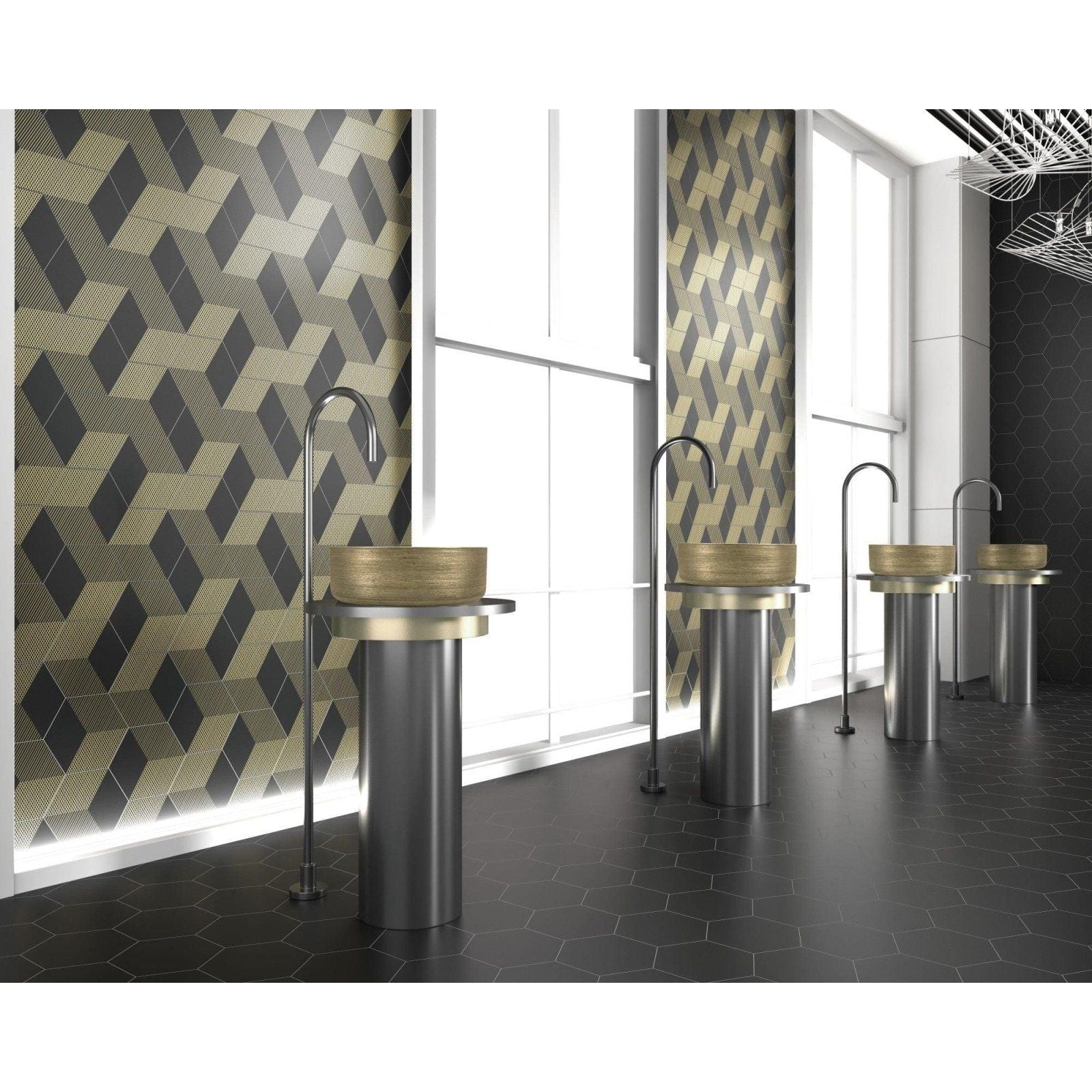 Modern freestanding lavabo heller white and gold sinks with sleek metallic bases and woven gold-toned ceramic bowls
