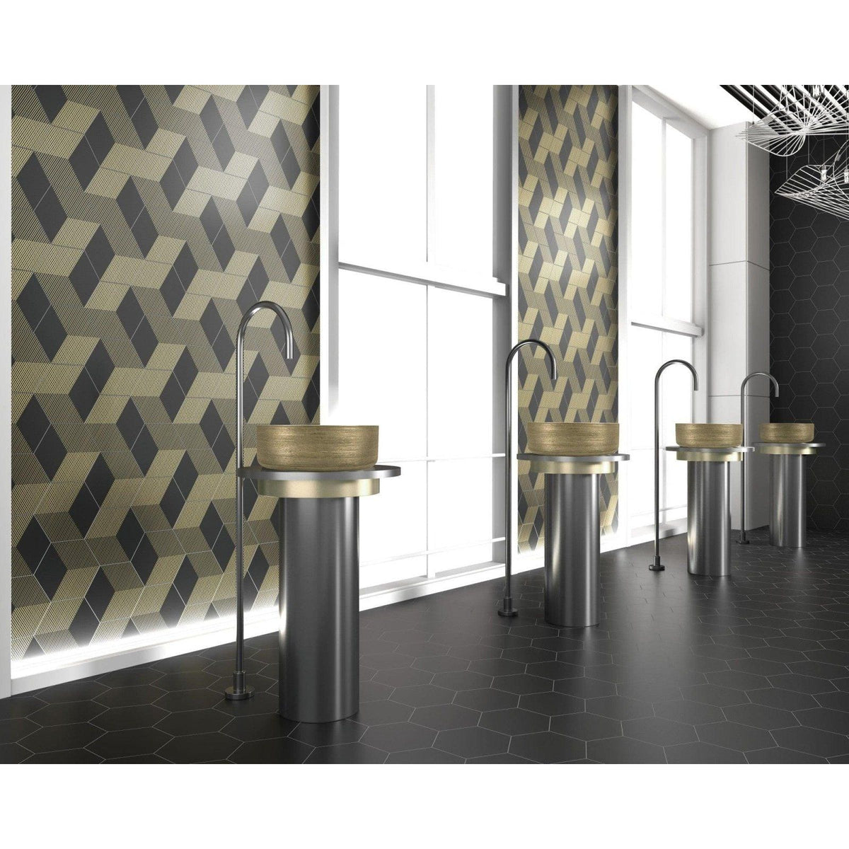 Modern freestanding lavabo heller white and gold sinks with sleek metallic bases and woven gold-toned ceramic bowls