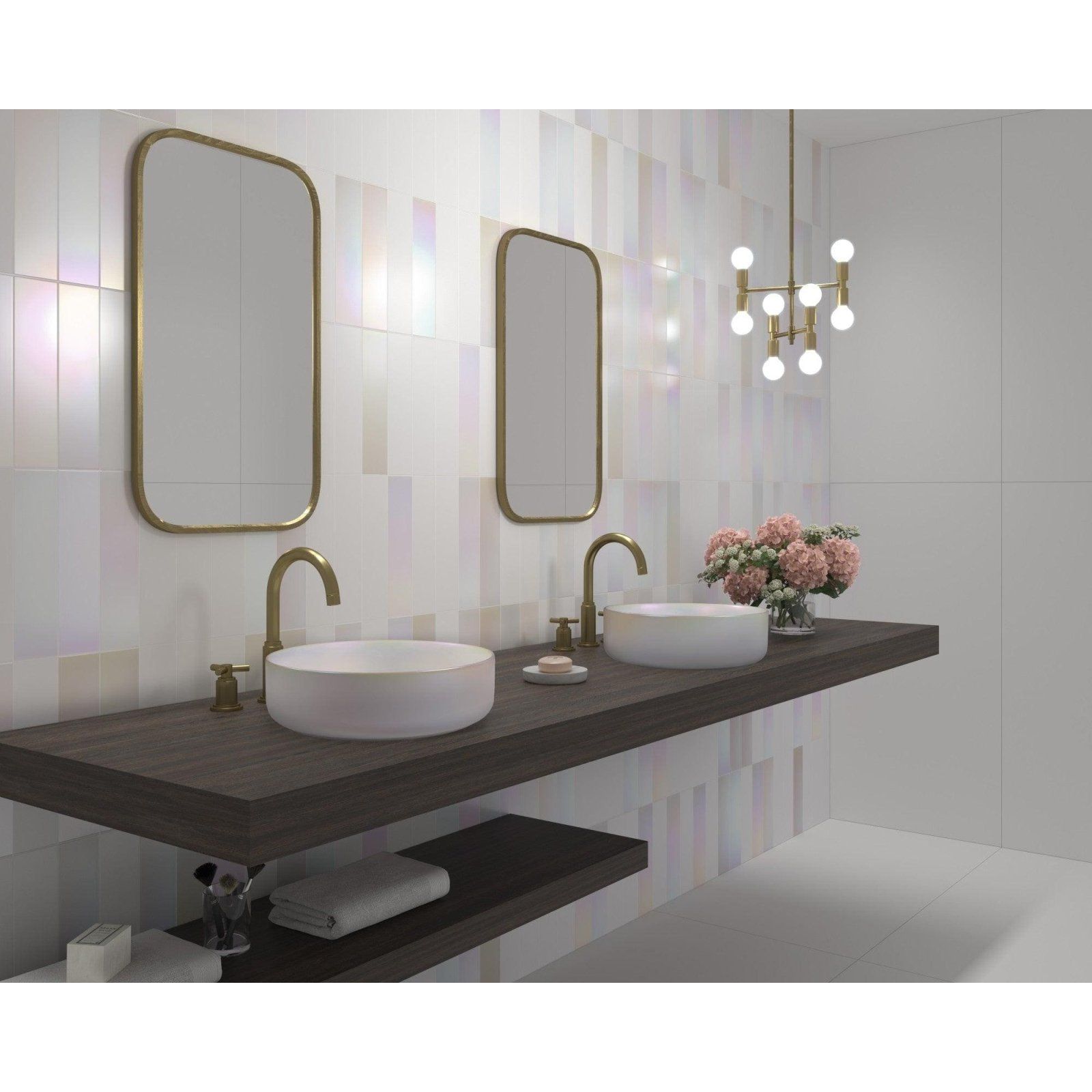 Modern white ceramic lavabo iras satin vessel sinks with gold-toned faucets on dark wood bathroom vanity