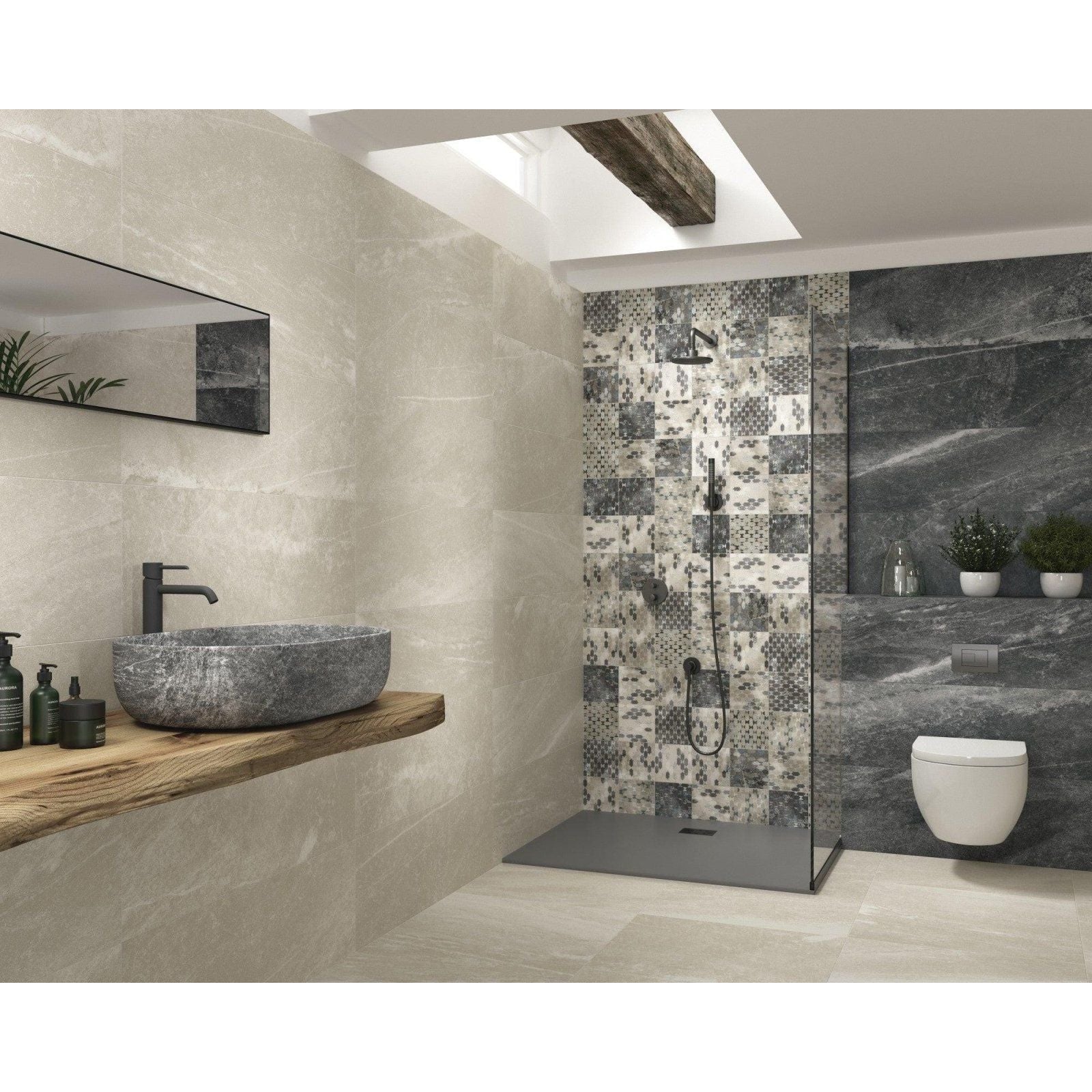 Lavabo Karakter stone vessel sink with textured gray surface and natural stone veins for bathroom use