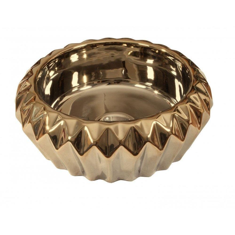 Gold-colored ceramic lavabo selene light gold bowl with faceted geometric pattern around rim and interior