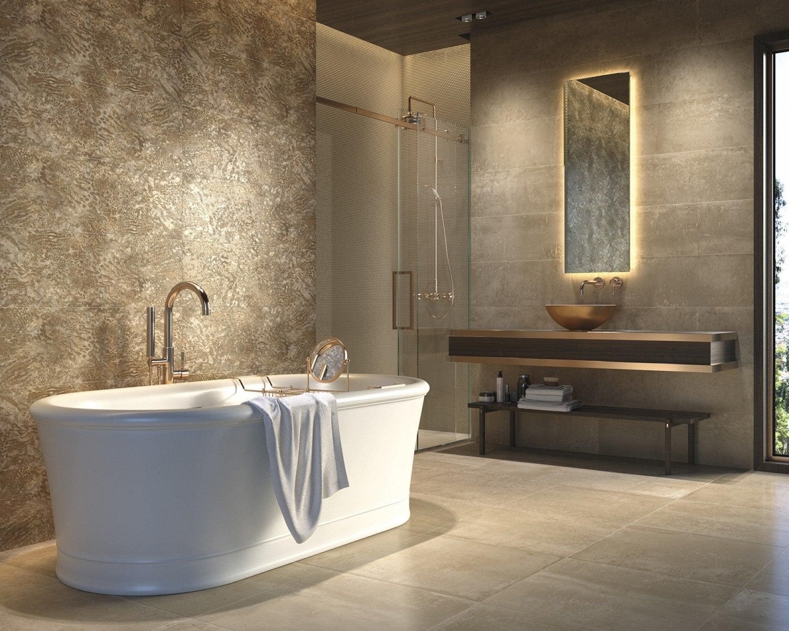 Lavabo White And Copper bathroom with a freestanding bathtub