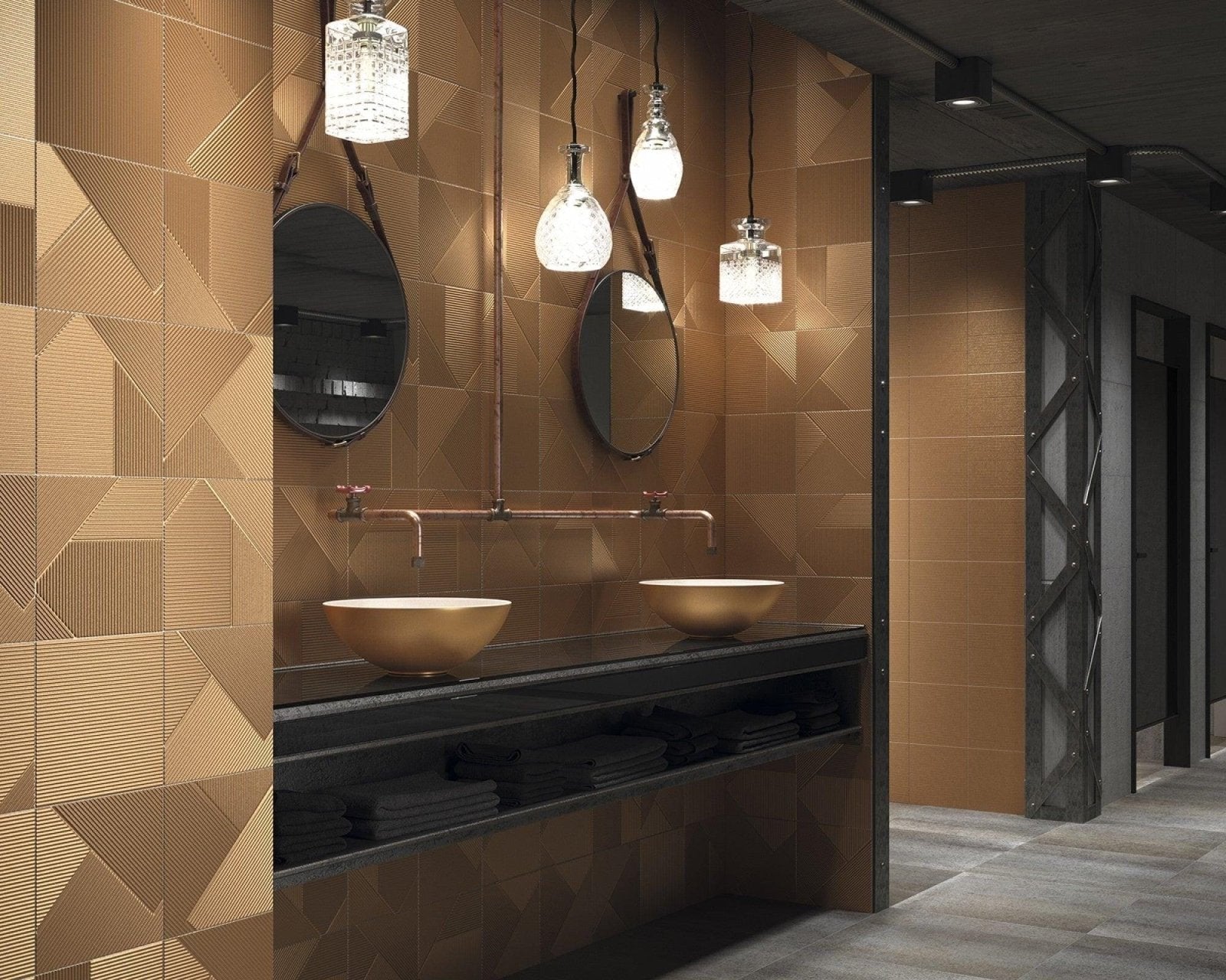 Lavabo White And Copper bathroom with gold geometric metallic wall tiles