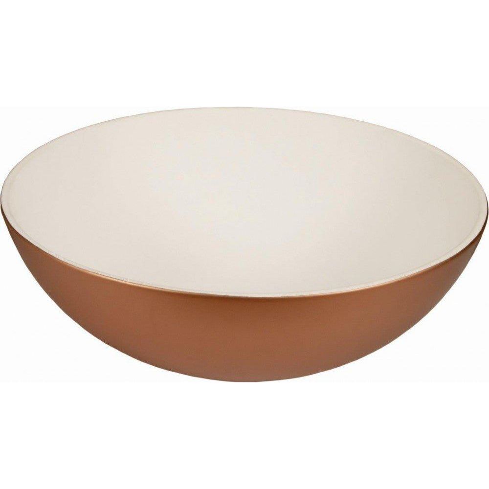 Copper-finished ceramic lavabo bowl with smooth glossy white interior for stylish bathroom use