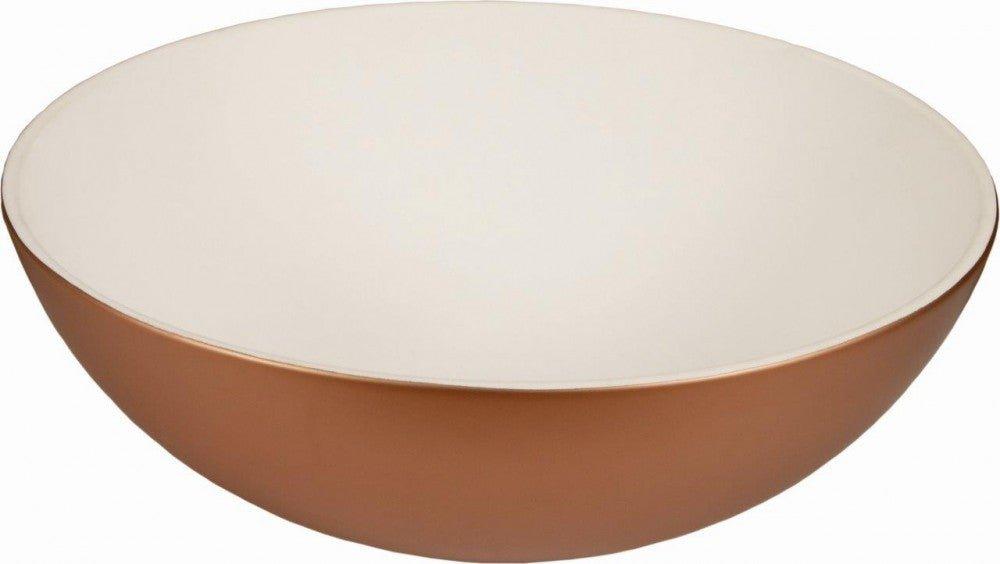 Copper-finished ceramic lavabo bowl with smooth glossy white interior for stylish bathroom use