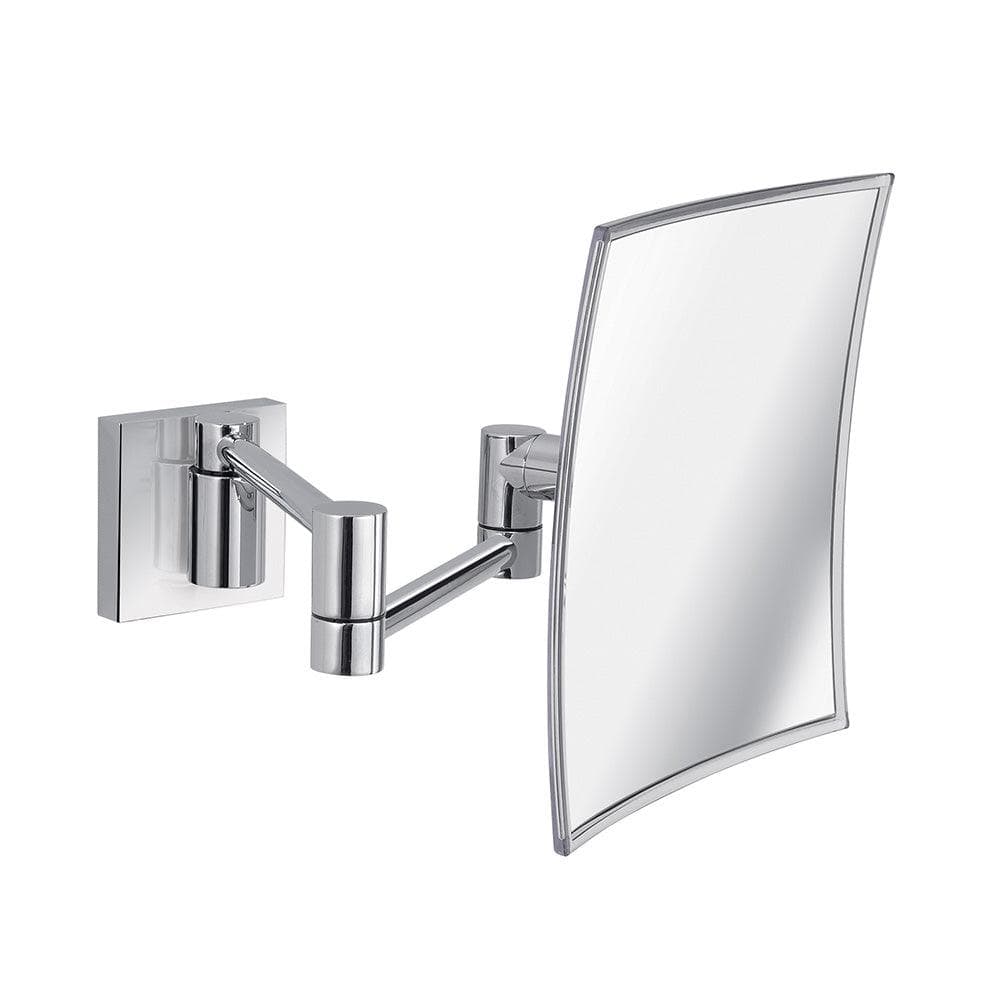 Chrome-finished maldive square wall-mounted magnifying mirror with sleek articulated arm and rectangular frame