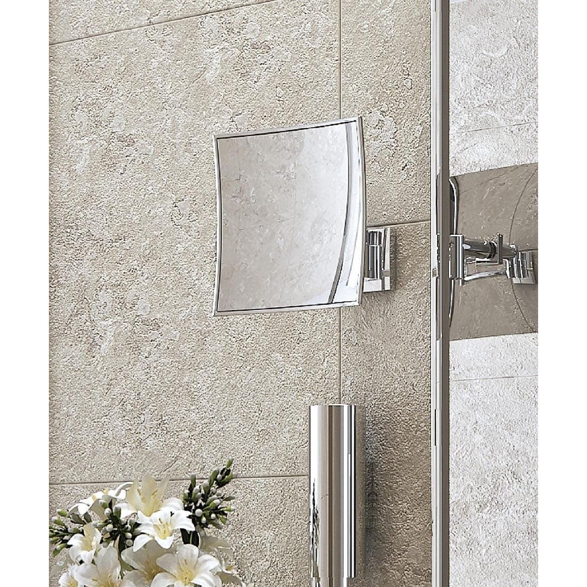 Silver-framed rectangular magnifying mirror with sleek curved edges mounted on wall chrome maldive square model