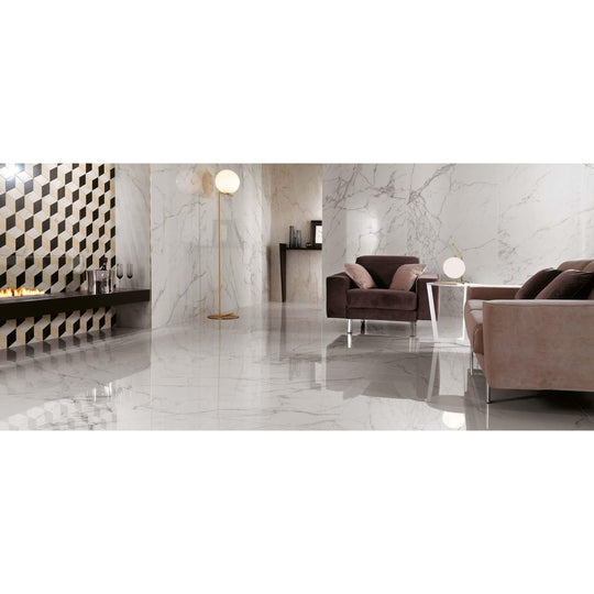 Marvel Calacatta Extra Lappato 60 x 60cm white marble-effect flooring in a minimalist living room
