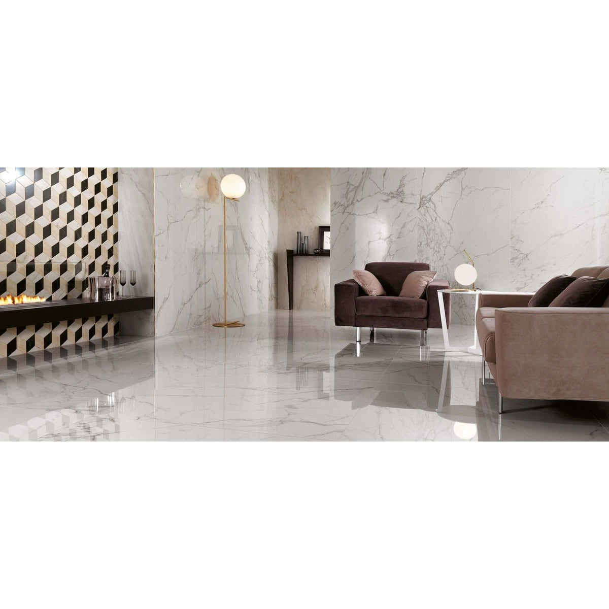 Marvel Calacatta Extra Lappato 60 x 60cm white marble-effect flooring in a minimalist living room