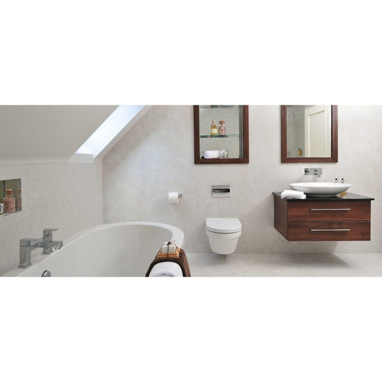 Marvel Moon Onyx Matt 60 x 60cm white marble-effect tiles with a floating vanity and vessel sink