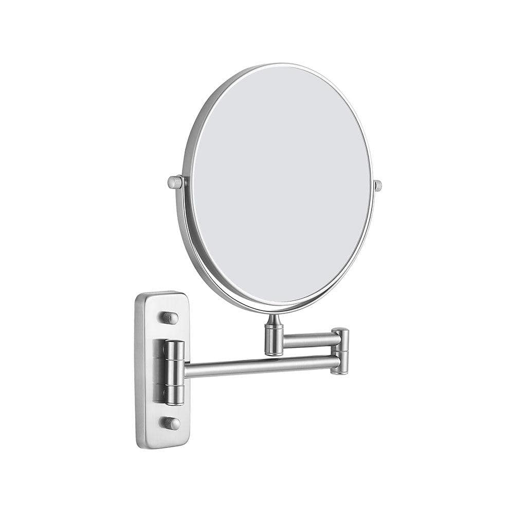 Silver-finished round mason reversible 5x magnifying wall mirror with brushed nickel articulated arm