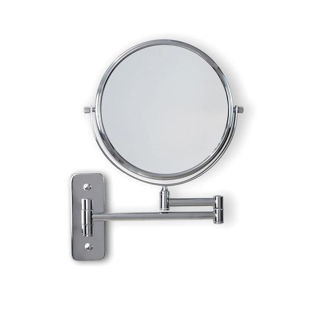 Chrome finished mason reversible 7x magnifying wall mirror with circular reflective surface and adjustable arm