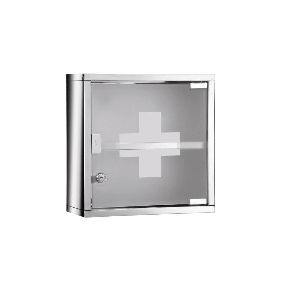 Silver-finished wall-mounted medicine cabinet plus square with frosted glass door etched white cross and keyhole lock