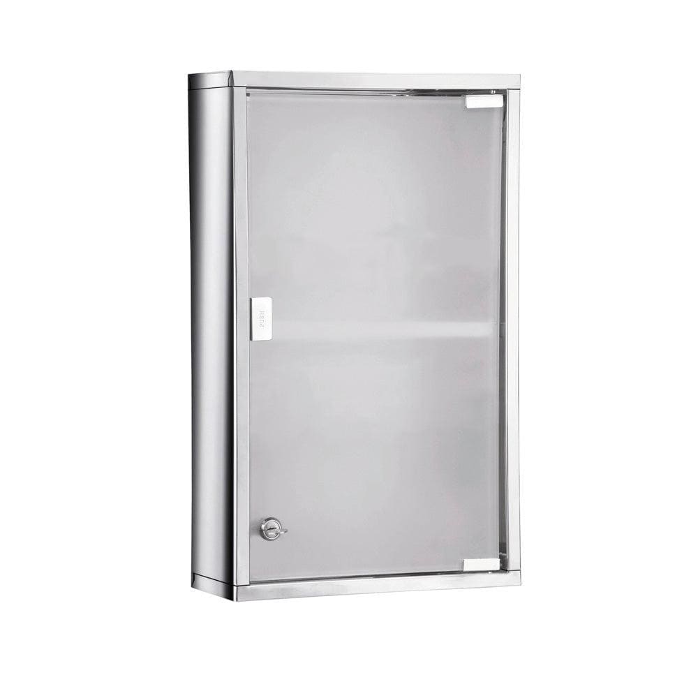 Silver metallic rectangular wall-mounted medicine cabinet with frosted glass door and key lock for secure storage