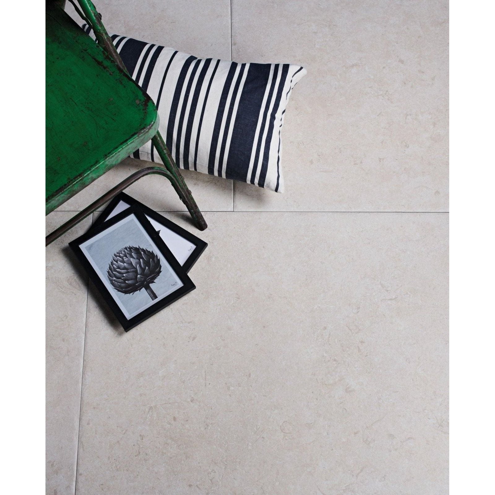 A black-framed art print titled Mediterranean Porcelain Ivory featuring a detailed grayscale artichoke illustration