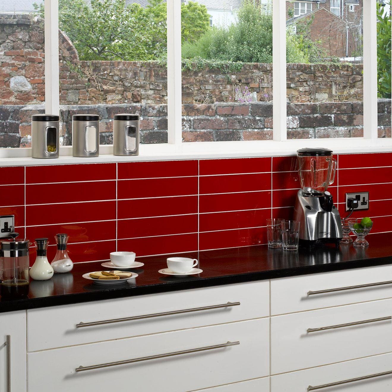 Mekong clear glass 398 x 80mm red glossy subway tile backsplash with white grout lines for kitchen or bathroom walls