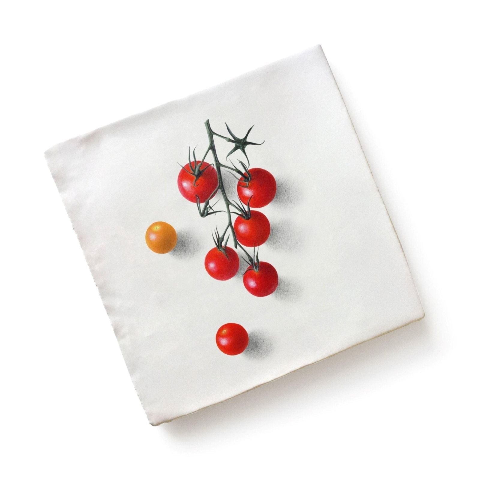 White ceramic canvas featuring realistic red and yellow cherry tomatoes on green vine by michael angove menagerie