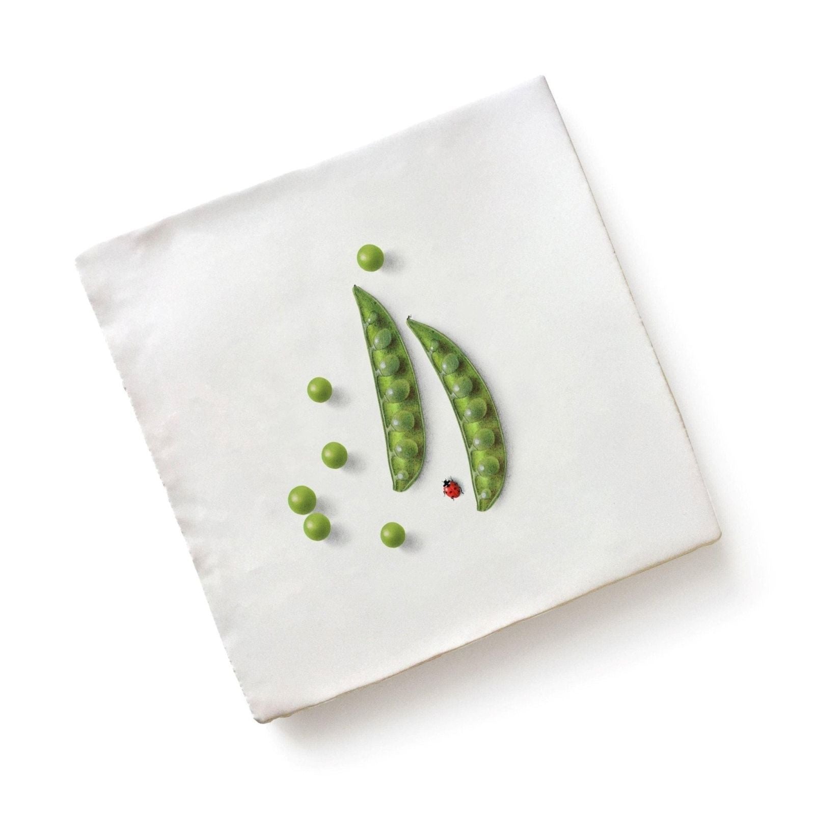 Menagerie ceramic by michael angove white canvas with minimalist green pea pods and a red ladybug design