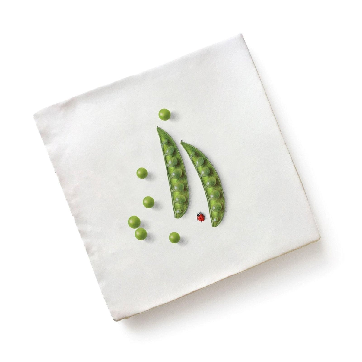 Menagerie ceramic by michael angove white canvas with minimalist green pea pods and a red ladybug design