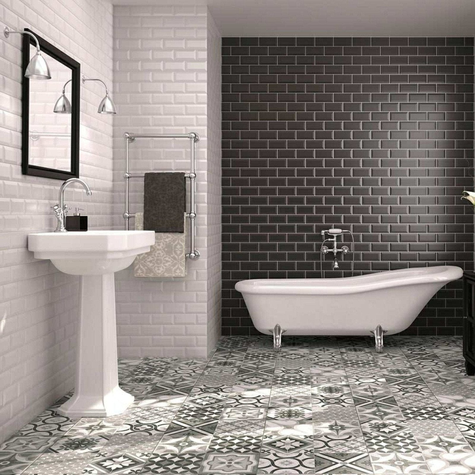 White clawfoot bathtub with chrome feet and classic curved design in metro black matt finish