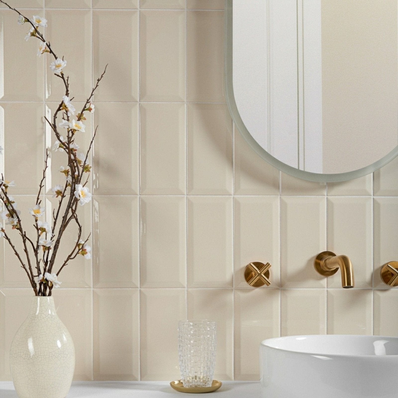 Metro cream gloss bathroom wall tiles in cream color with glossy finish and subtle raised geometric pattern