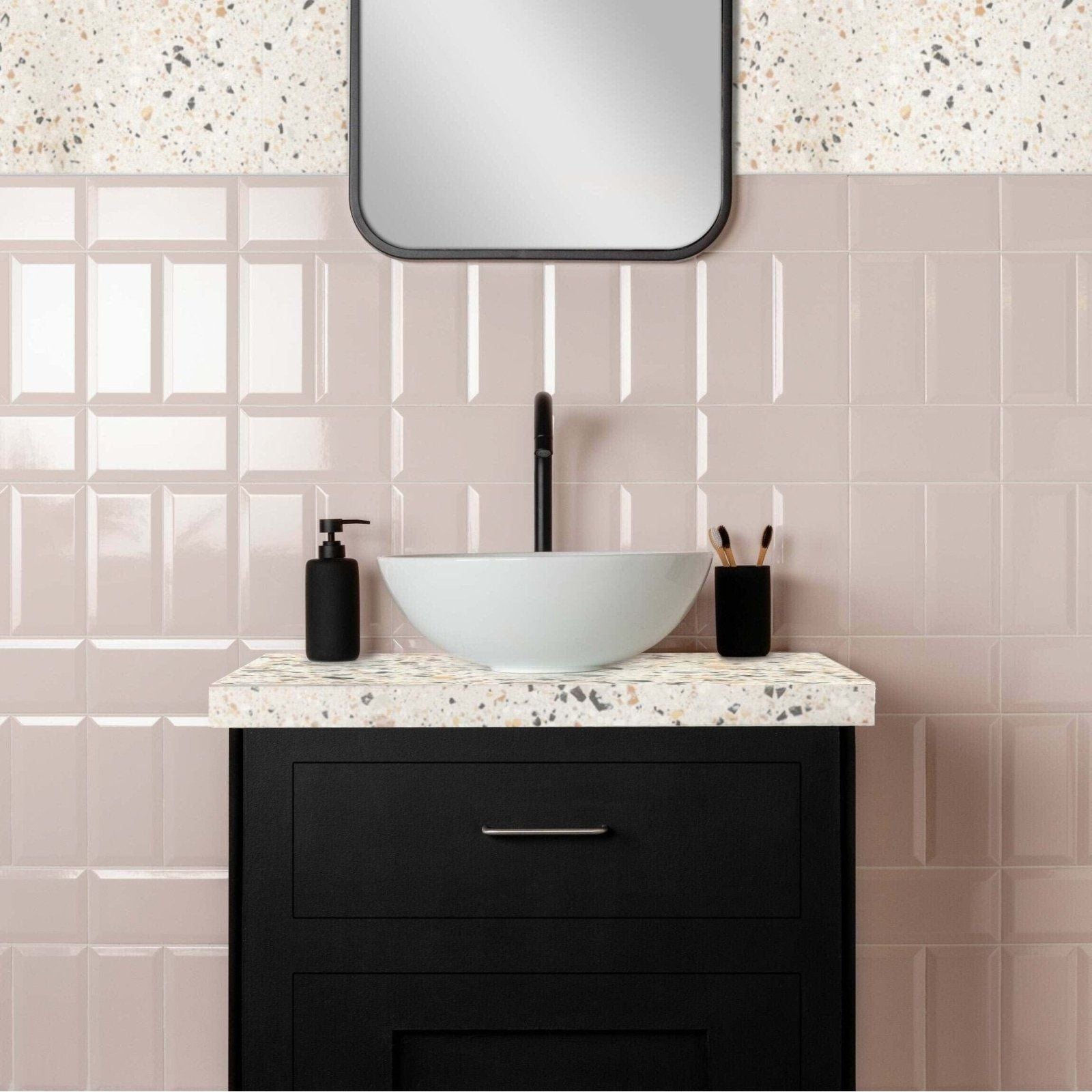Metro Light Pink Gloss pink gloss ceramic tiles with a white bowl sink and black tap