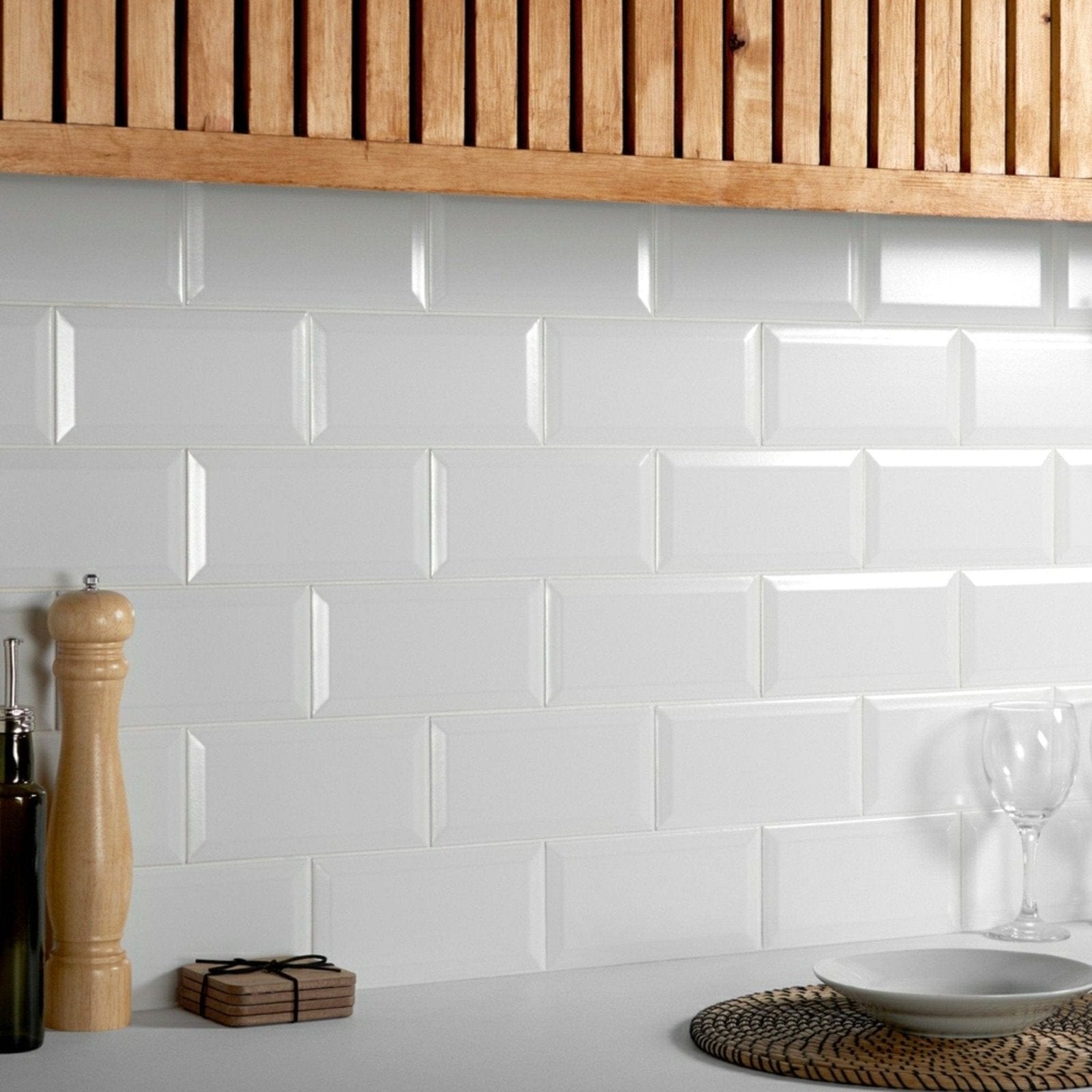 Metro matt white subway tile backsplash with glossy finish and raised edges for kitchen or bathroom walls