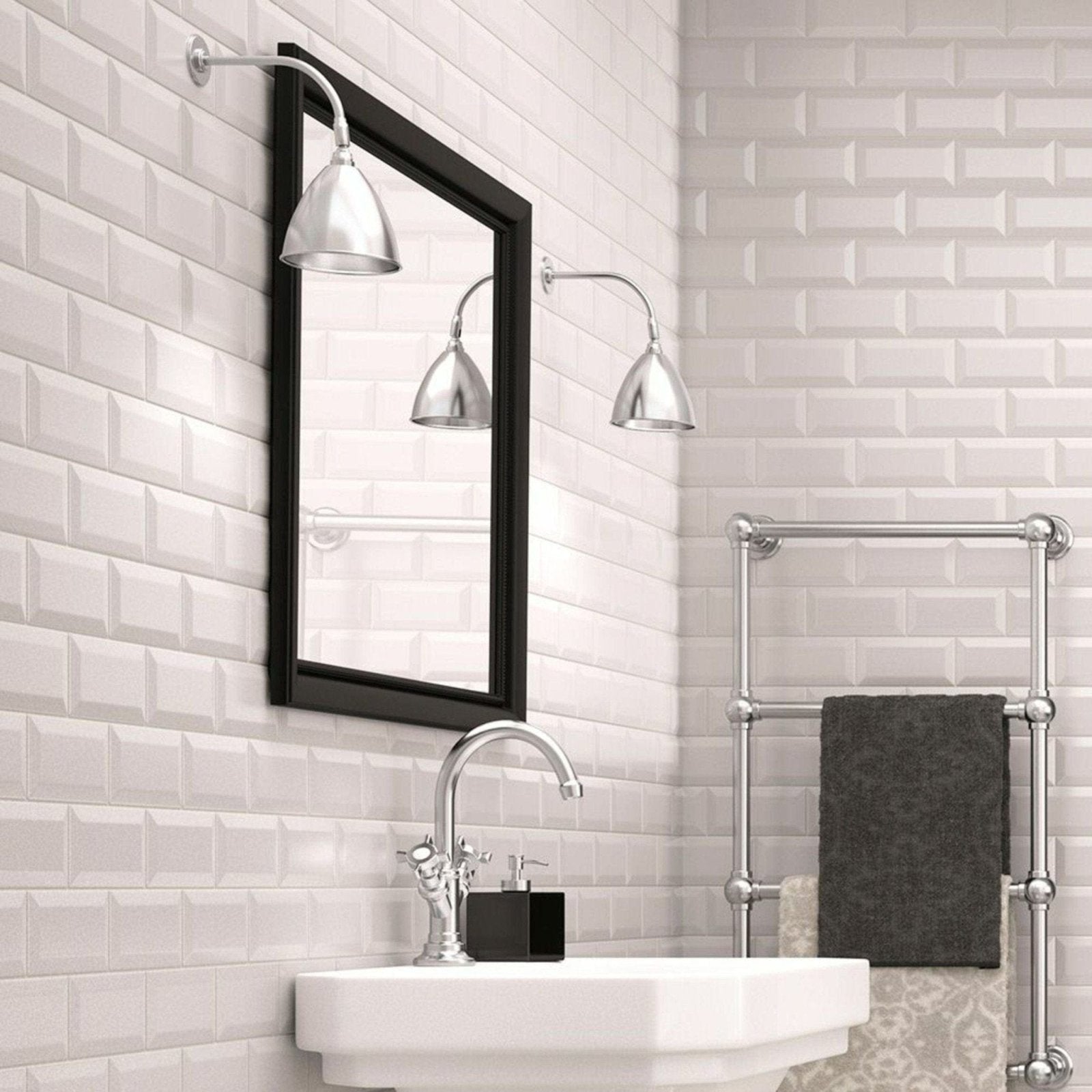 Black-framed rectangular bathroom mirror with sleek modern design in metro matt white finish