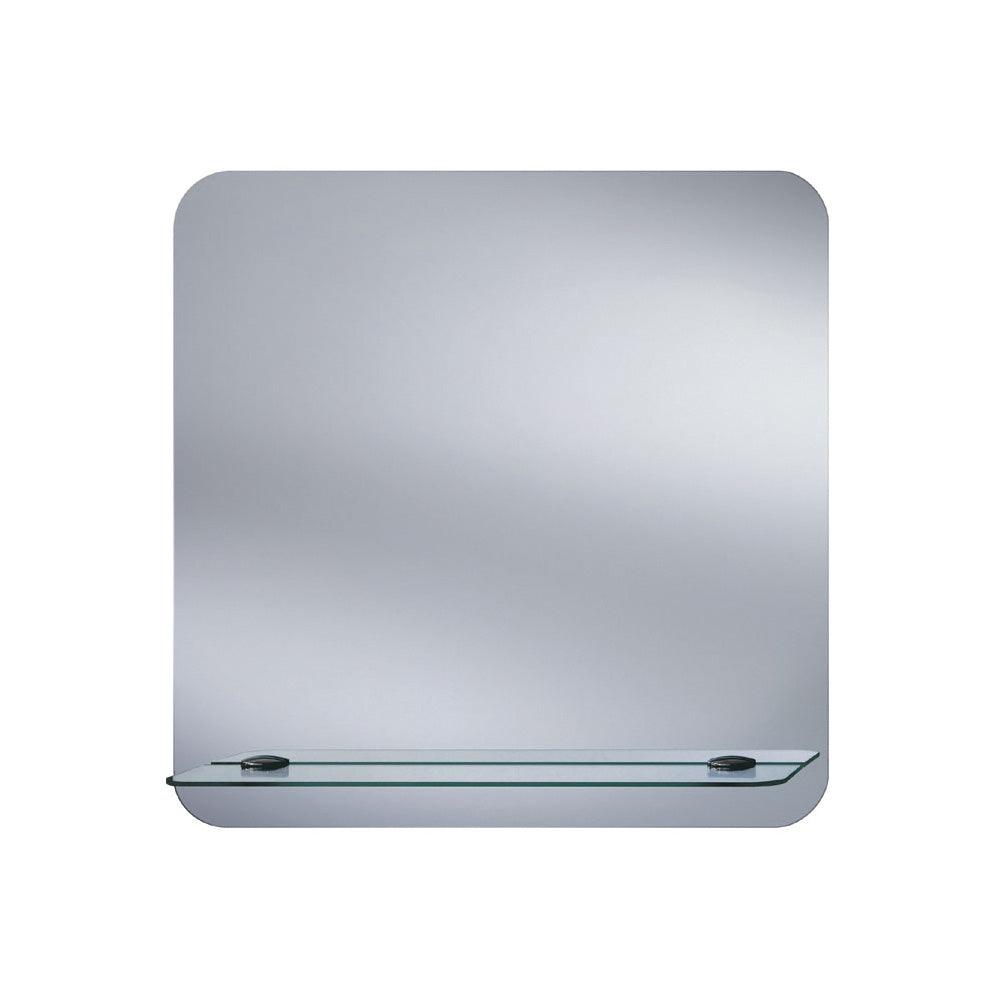 Modern rectangular frameless mirror ledge curve 55x63cm with integrated glass shelf for bathroom or dressing area