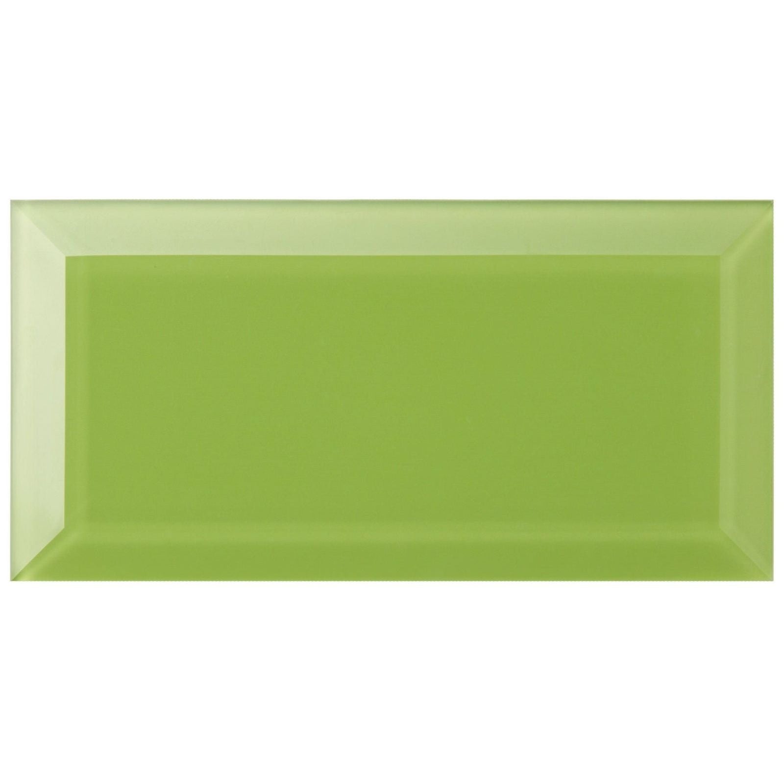 A glossy lime green Mohaka Clear Bevel Glass rectangular tile with a subtle beveled edge