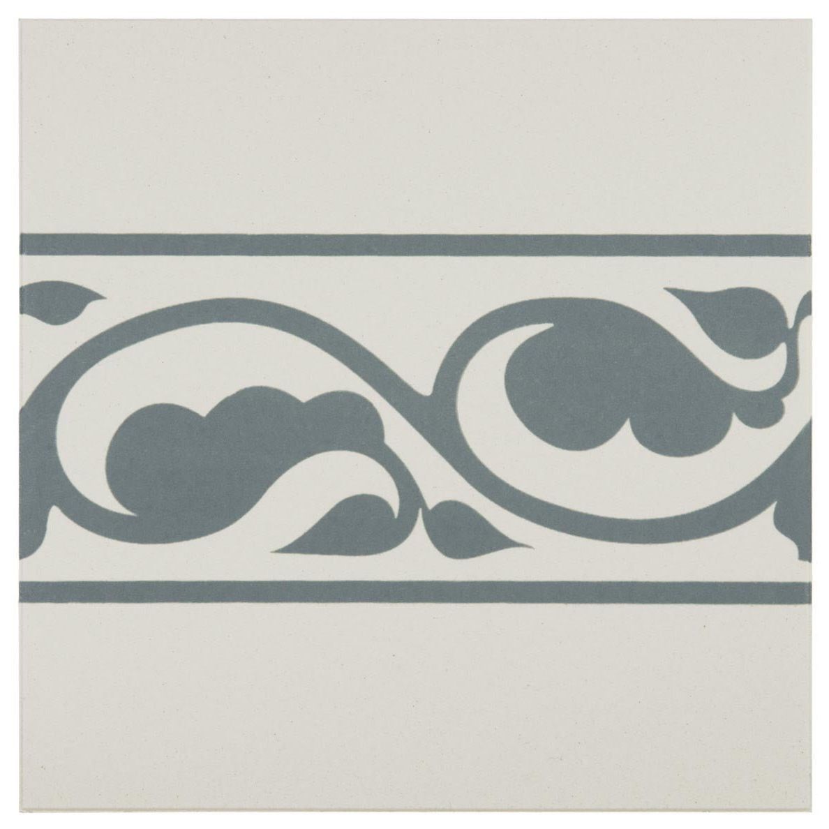 A decorative ceramic tile with an off-white base and gray scrollwork pattern called moroccan border denim on dover white