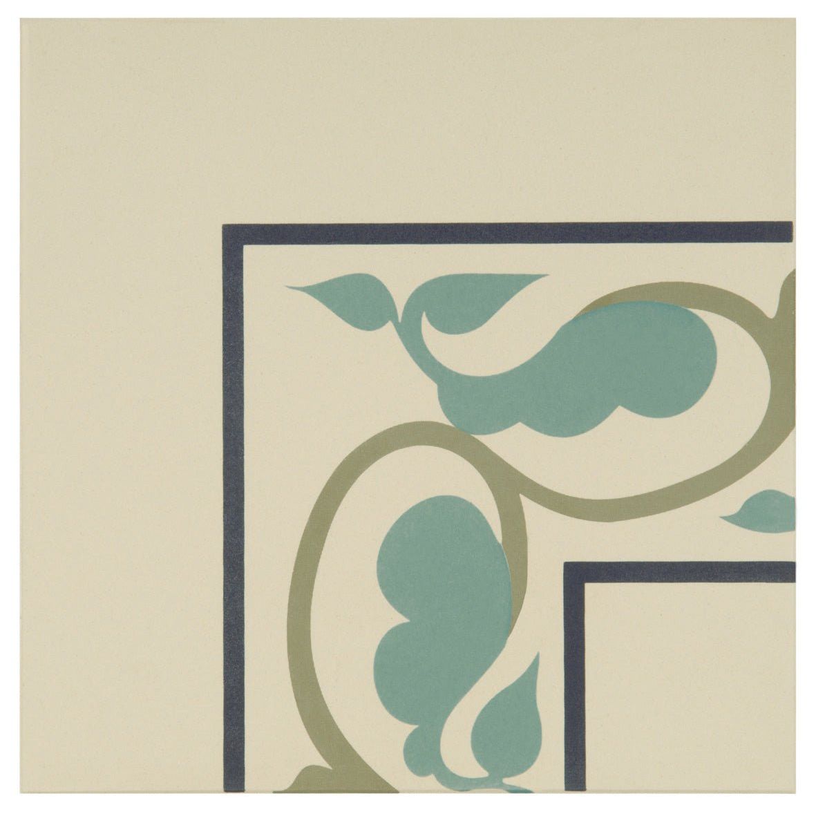 Moroccan external corner tile dublin with beige base navy blue border and olive green outlined teal vine pattern