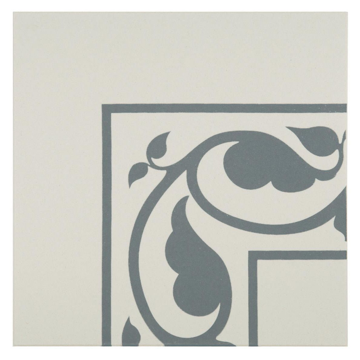Moroccan internal corner denim tile in gray with cream background and intricate leafy scrollwork on dover white