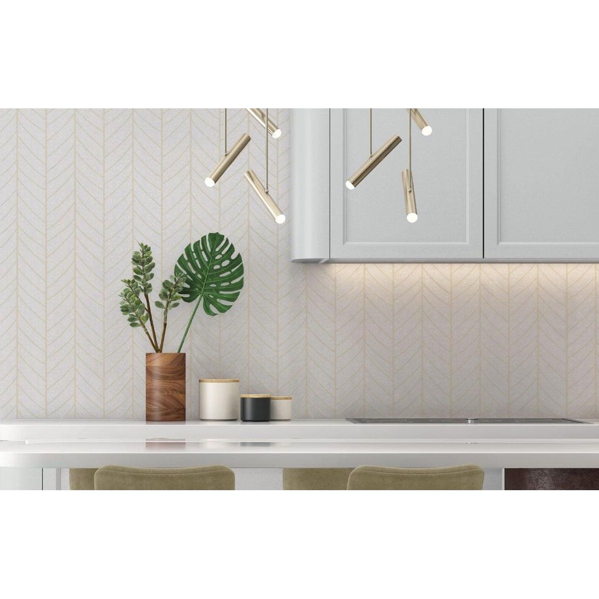 Natures Herringbone white mother-of-pearl herringbone panel with a wooden vase of plants