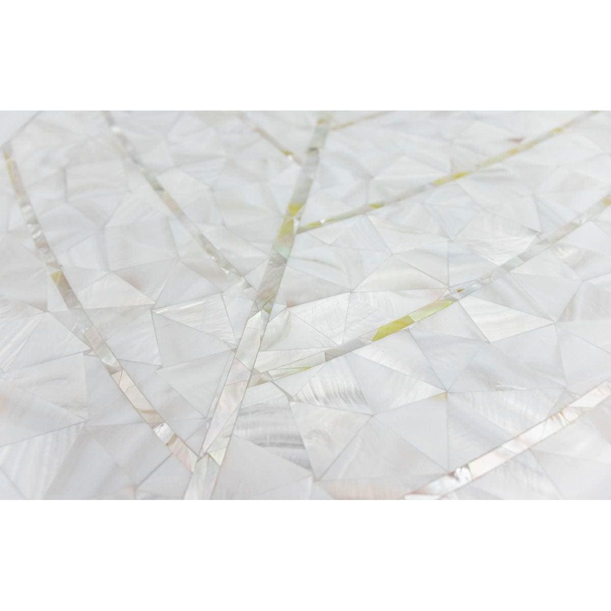 A white translucent natures herringbone surface with iridescent geometric patterns and silver yellow accents