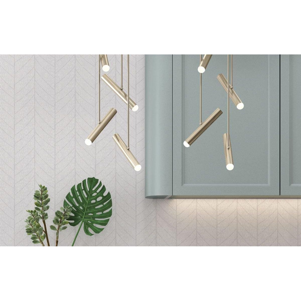 Natures Herringbone white mother-of-pearl herringbone panel with brushed brass pendant lights