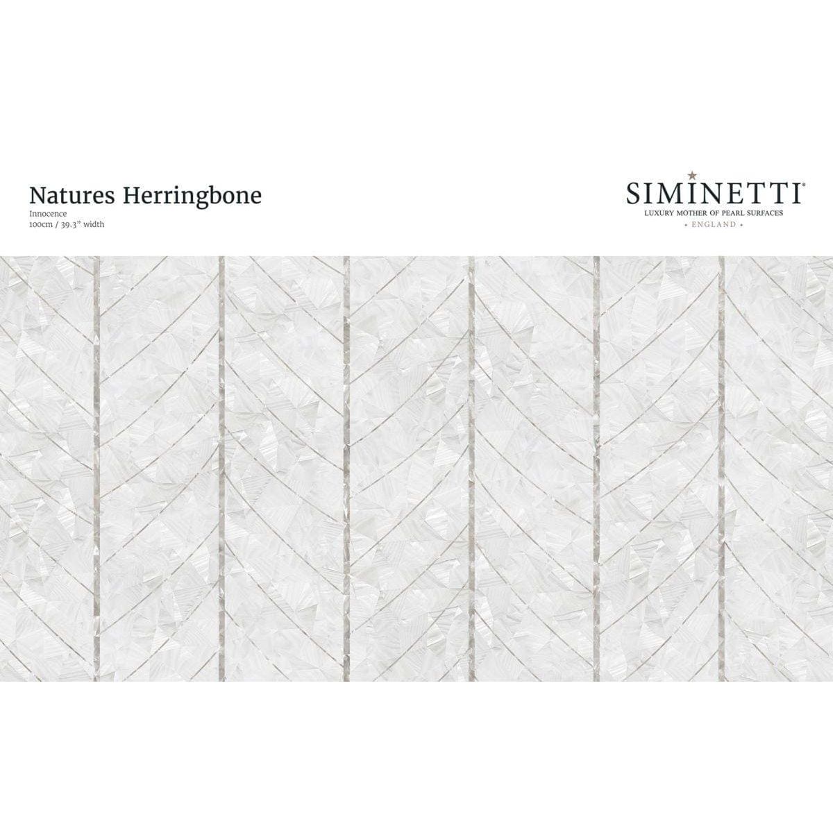 Siminetti natures herringbone tile in innocence finish with delicate white silver mother of pearl herringbone pattern
