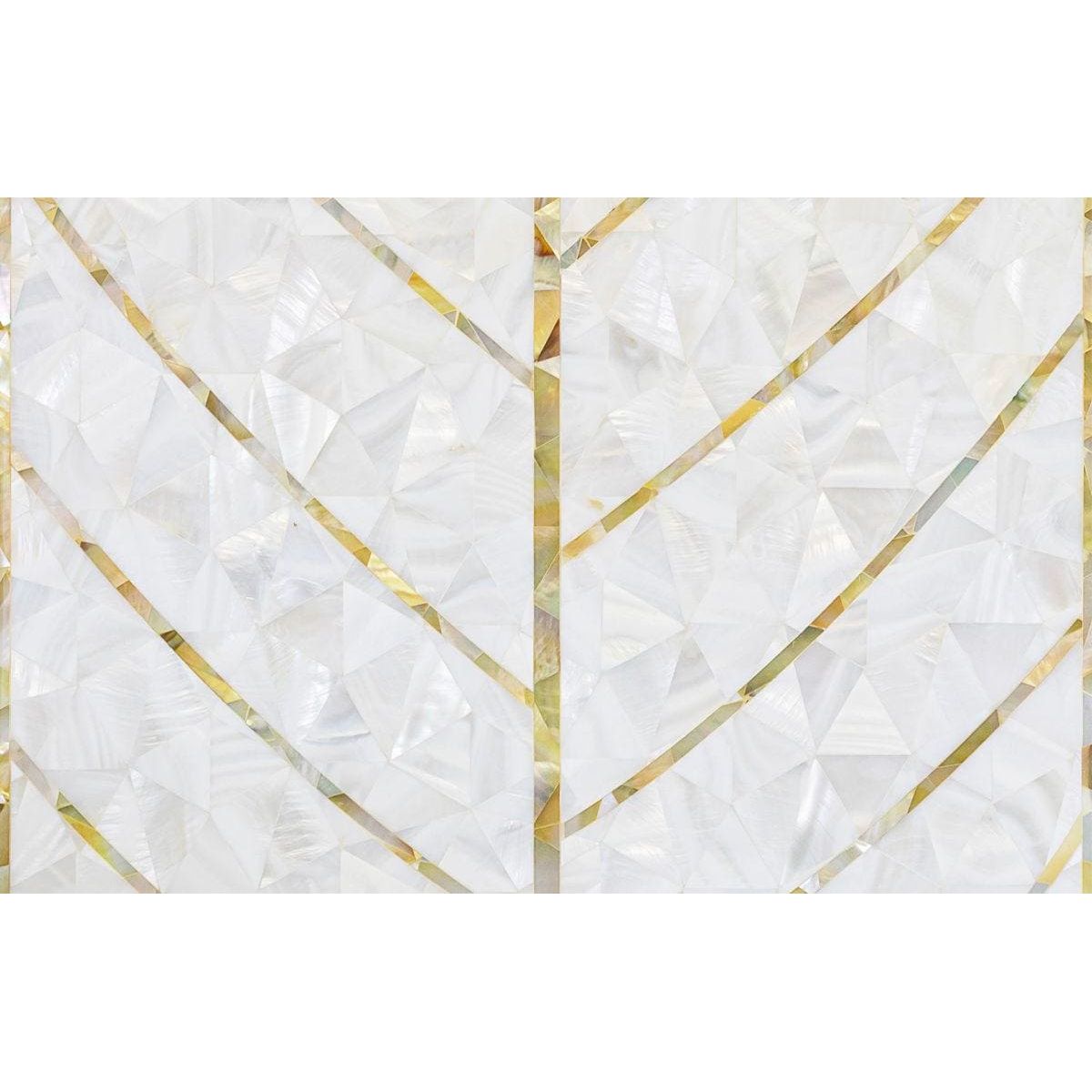 White mother-of-pearl mosaic tile with gold-toned metallic inlay forming a geometric natures herringbone pattern