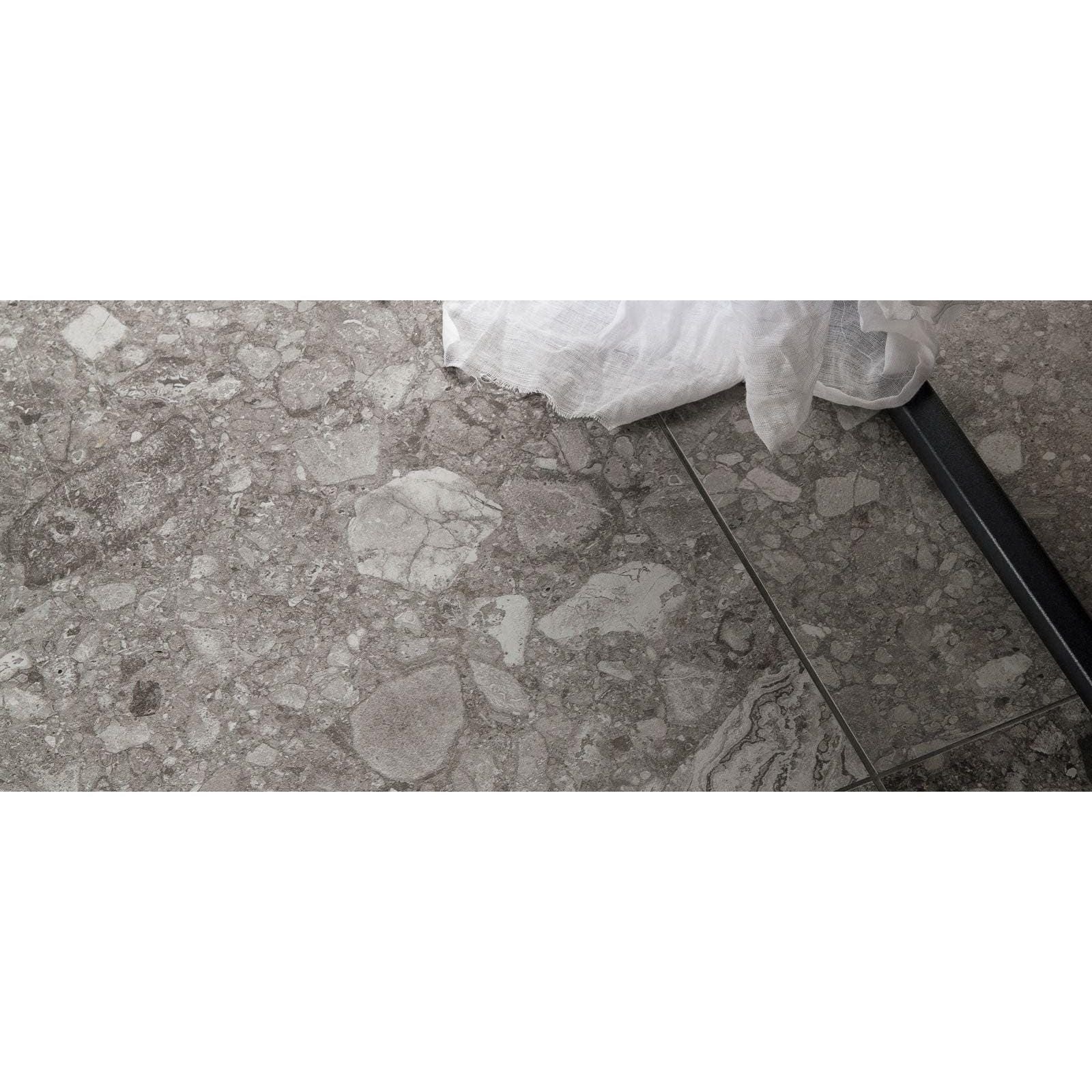 Gray terrazzo floor tiles norway gra matt with speckled stone pattern and matte finish