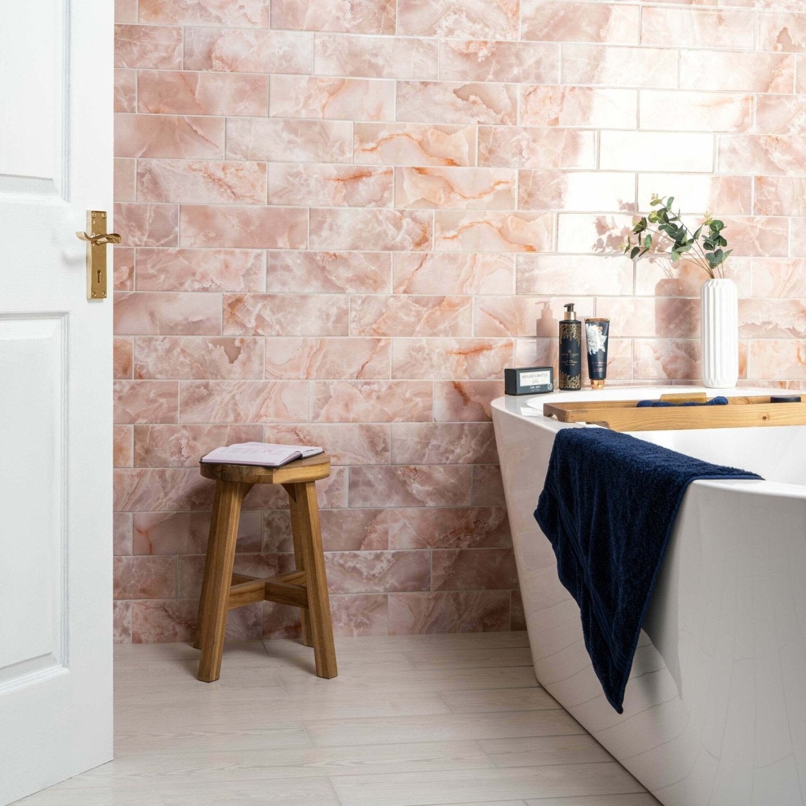 Pink marble-effect rectangular wall tiles onix rosa with subtle veining for decorative interior surfaces