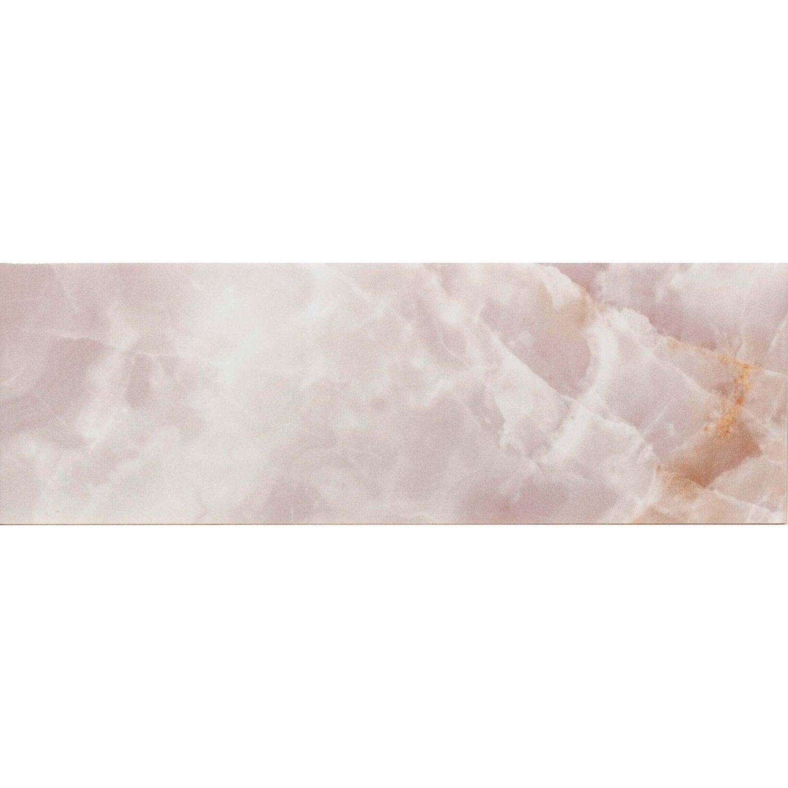 A rectangular pink marble tile onix rosa with soft swirling veining and subtle golden accents