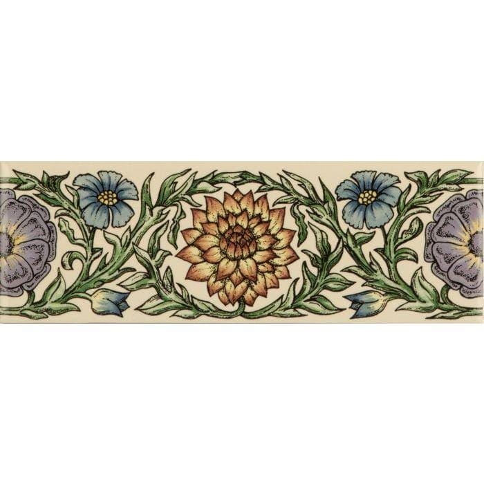 Original Style Tiles - Ceramic 152 x 50 x 7mm - Per Piece Knot Garden Blue &amp; Yellow Classical Decorative Border on Colonial White