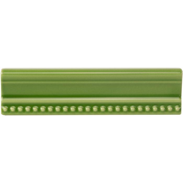 A sleek matte olive-green ceramic pavilion green hogarth moulding tile with smooth surface and beaded edge detailing
