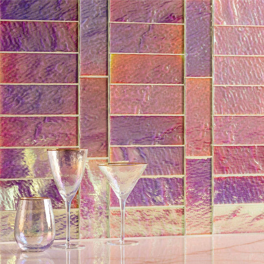 Pearl gloss brick radiance iridescent purple and pink textured glass mosaic tile wall for decorative surfaces