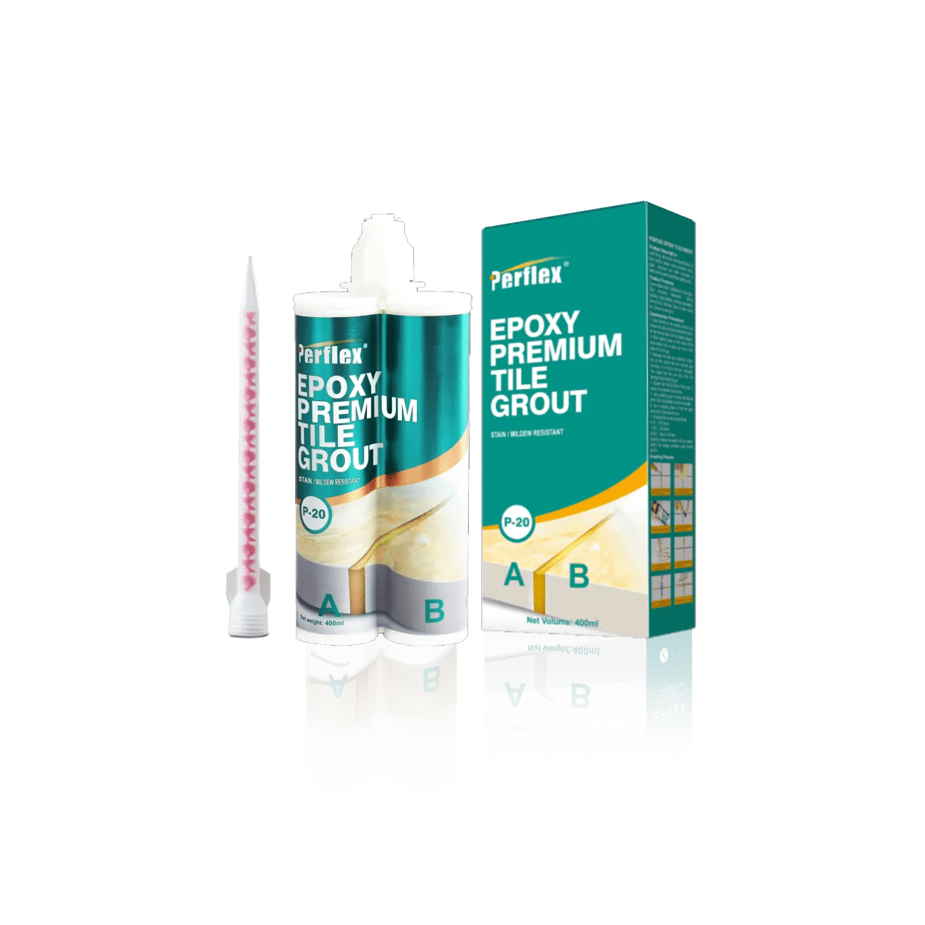 Perflex p20 light beige epoxy premium tile grout with teal and gold packaging and two 400ml tubes labeled a and b with pink applicator