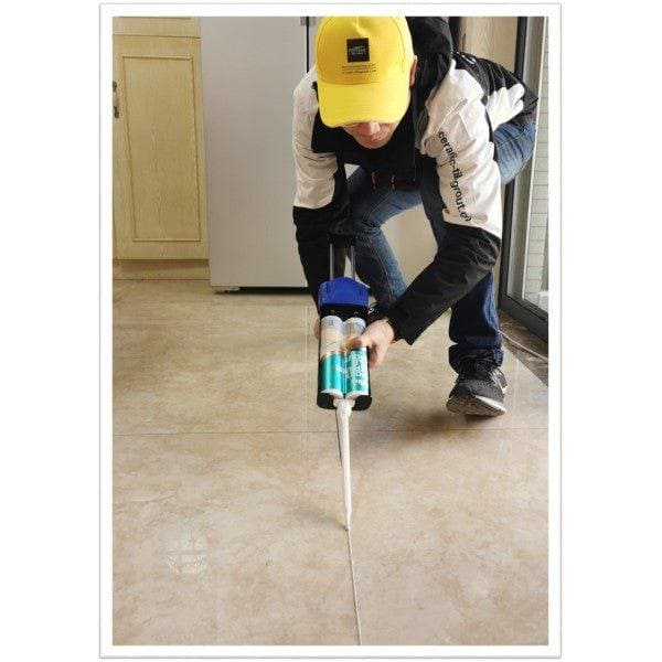 Perflex p20 light beige dual-tube blue and black caulk gun with white nozzle for precise tile sealant application
