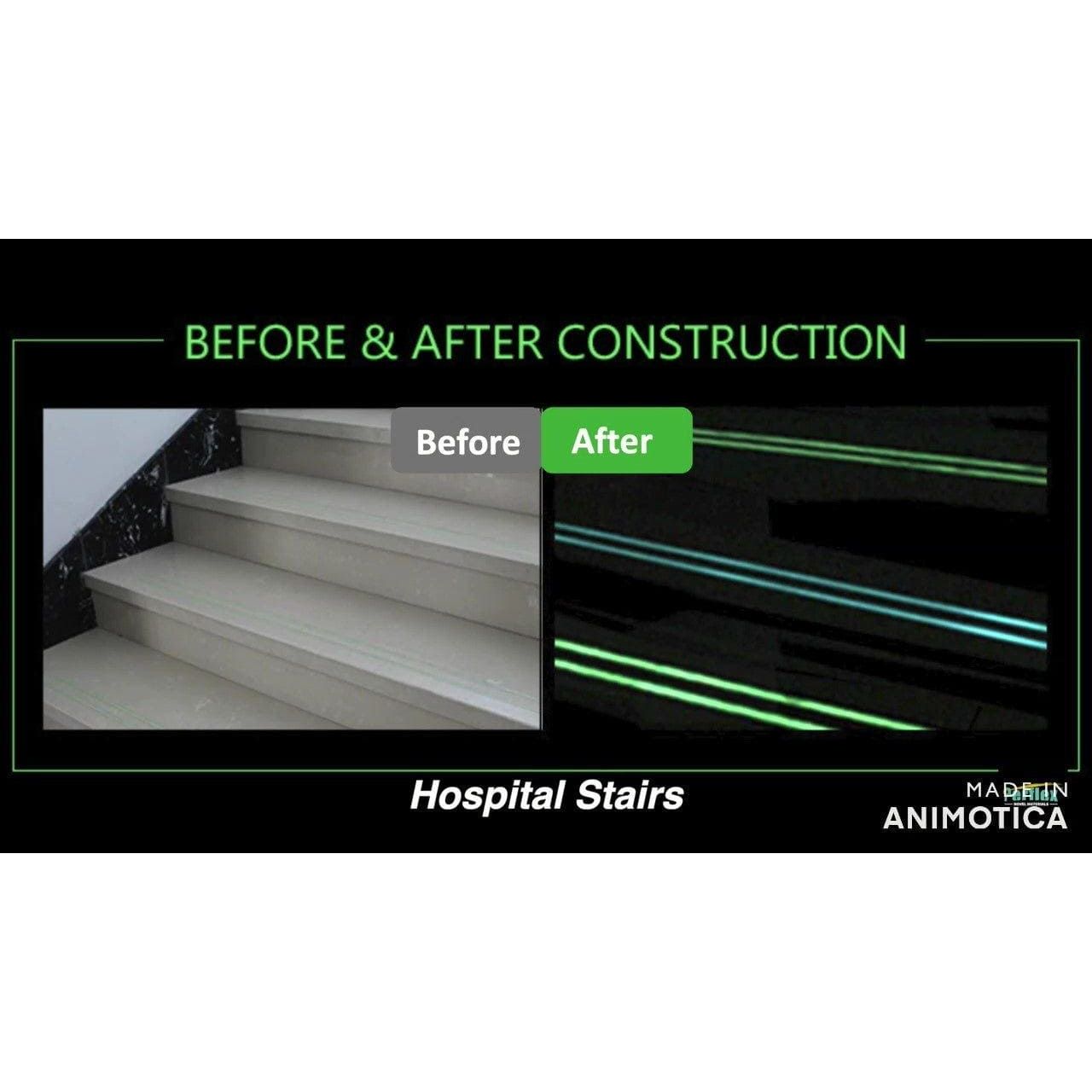 The perflex p30 luminous green hospital stairs feature glowing green and blue strips for enhanced edge visibility