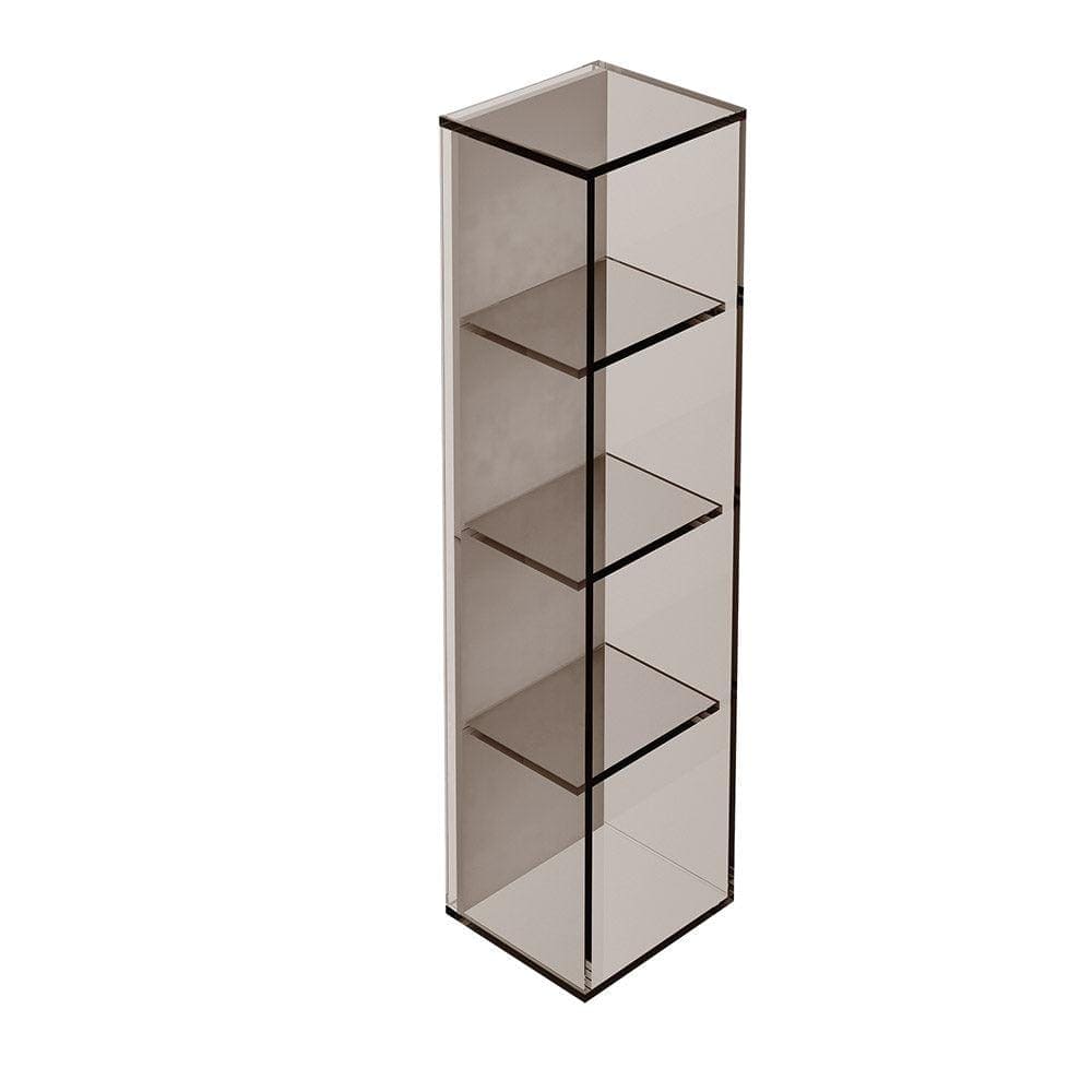 Tall translucent gray acrylic pier glass 4 box shelf with four square shelves in a rectangular bronze frame