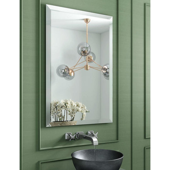 Rectangular frameless Porterhouse Square Mirror 70 mounted above a dark bowl sink with green paneled walls